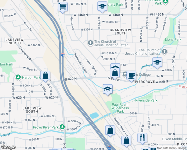 map of restaurants, bars, coffee shops, grocery stores, and more near 1782 West 820 North in Provo