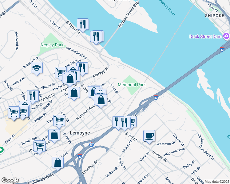 map of restaurants, bars, coffee shops, grocery stores, and more near 102 Hummel Avenue in Lemoyne