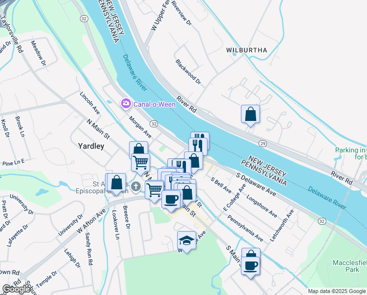 map of restaurants, bars, coffee shops, grocery stores, and more near 25 North Delaware Avenue in Yardley