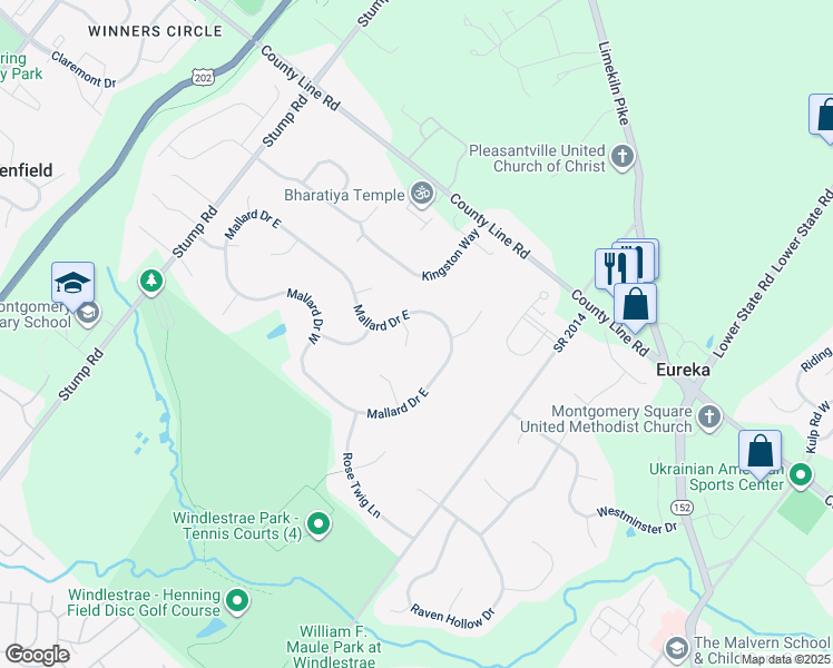 map of restaurants, bars, coffee shops, grocery stores, and more near 103 Pintail Court in North Wales