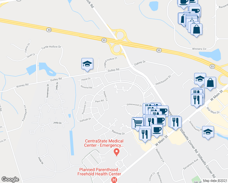 map of restaurants, bars, coffee shops, grocery stores, and more near 16 Pagoda Lane in Freehold