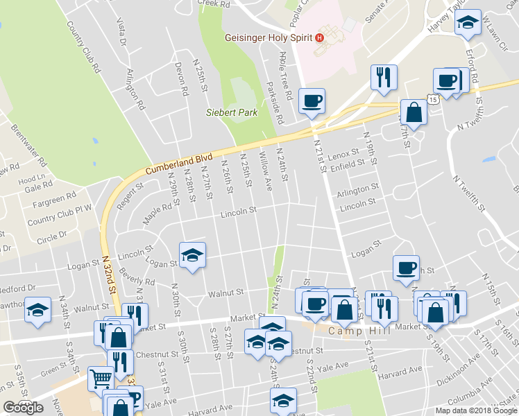map of restaurants, bars, coffee shops, grocery stores, and more near 2498 Lincoln Street in Camp Hill