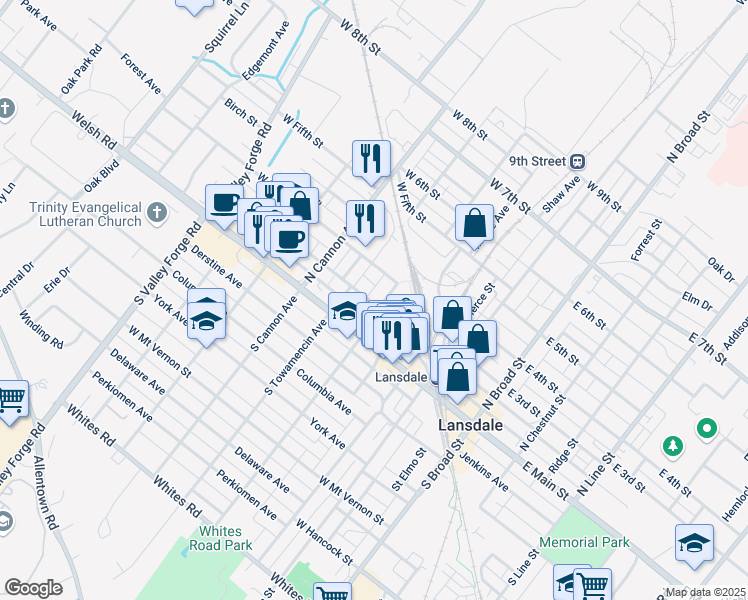 map of restaurants, bars, coffee shops, grocery stores, and more near 19 North Richardson Avenue in Lansdale