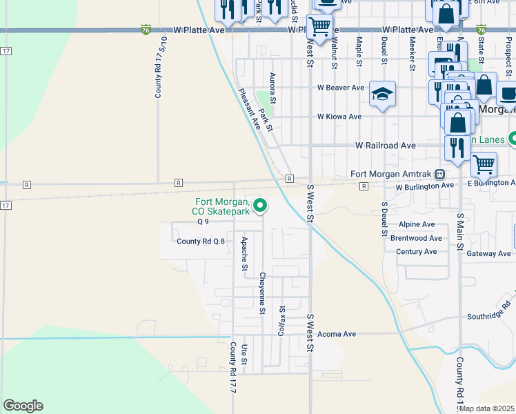 map of restaurants, bars, coffee shops, grocery stores, and more near 204 Cheyenne Street in Fort Morgan