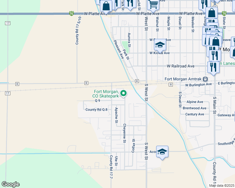 map of restaurants, bars, coffee shops, grocery stores, and more near 920 Comanche Avenue in Fort Morgan