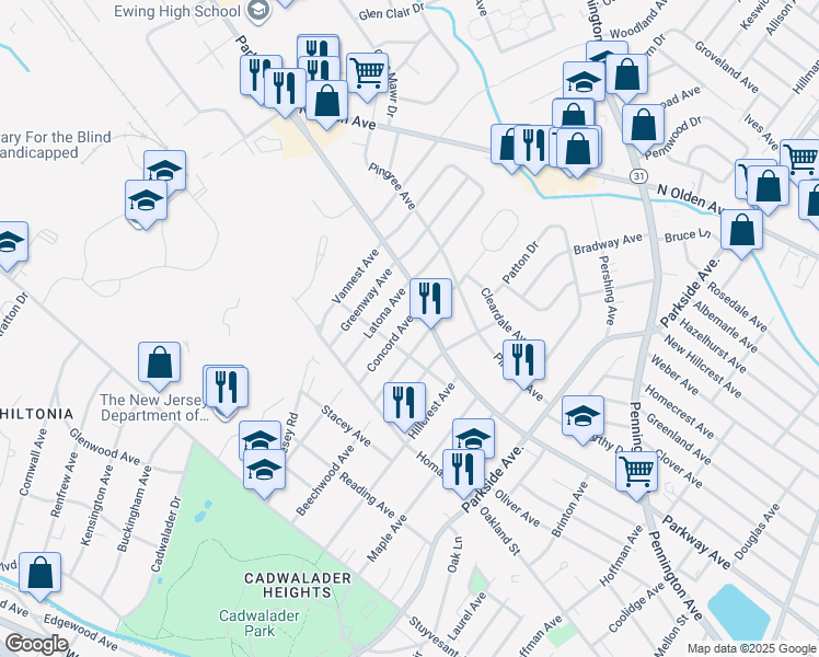 map of restaurants, bars, coffee shops, grocery stores, and more near 360 Concord Avenue in Ewing Township