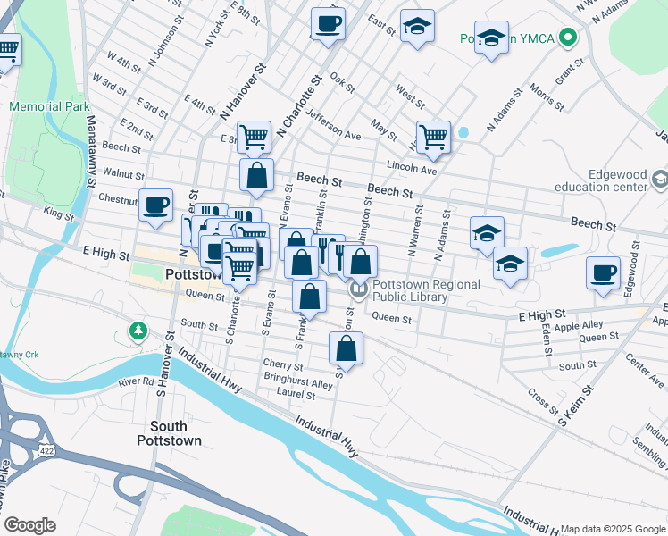 map of restaurants, bars, coffee shops, grocery stores, and more near 423 East High Street in Pottstown
