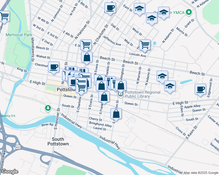 map of restaurants, bars, coffee shops, grocery stores, and more near 423 East High Street in Pottstown