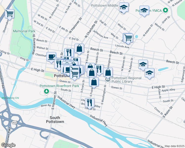 map of restaurants, bars, coffee shops, grocery stores, and more near 364 East High Street in Pottstown