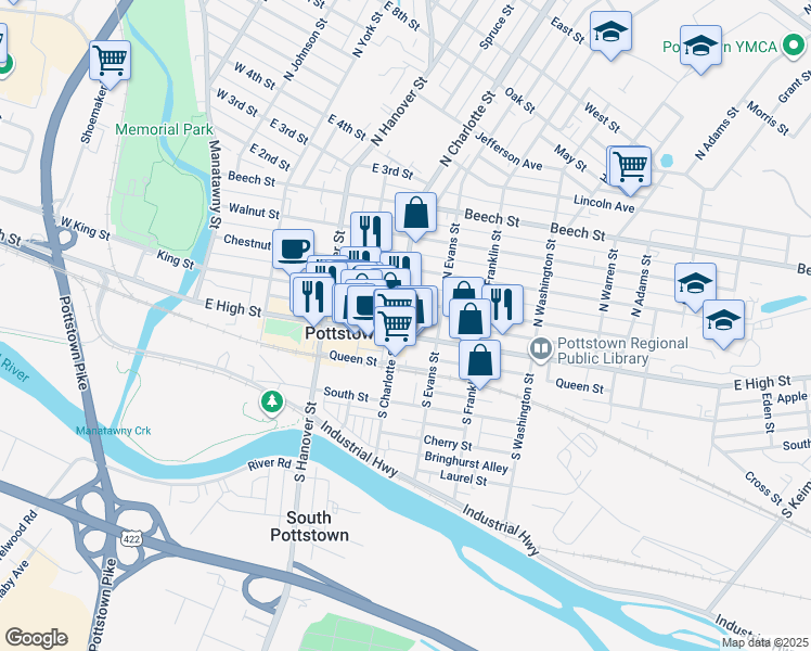 map of restaurants, bars, coffee shops, grocery stores, and more near 320 East High Street in Pottstown