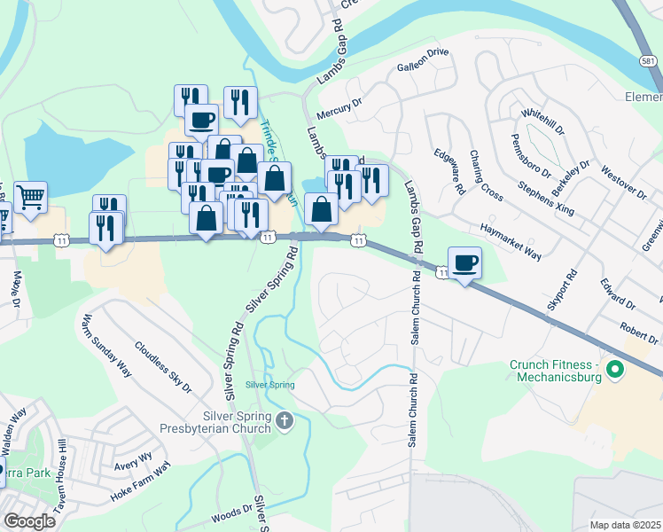 map of restaurants, bars, coffee shops, grocery stores, and more near 6408 Creekbend Drive in Mechanicsburg