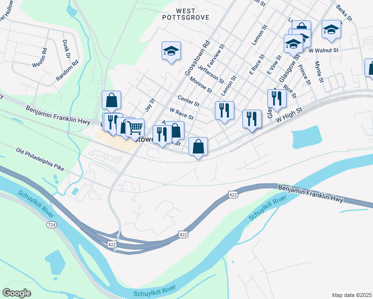 map of restaurants, bars, coffee shops, grocery stores, and more near 326 West Vine Street in Stowe