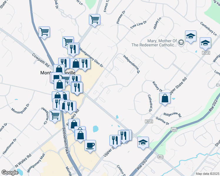 map of restaurants, bars, coffee shops, grocery stores, and more near 101 Hancock Court in North Wales