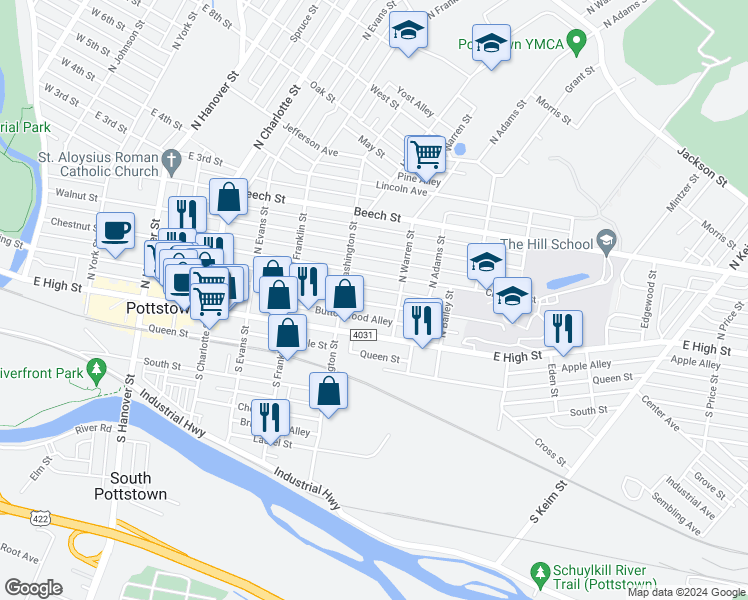 map of restaurants, bars, coffee shops, grocery stores, and more near 537 King Street in Pottstown
