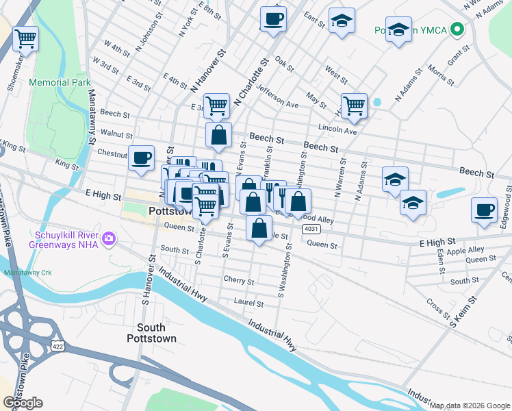 map of restaurants, bars, coffee shops, grocery stores, and more near 364 East High Street in Pottstown
