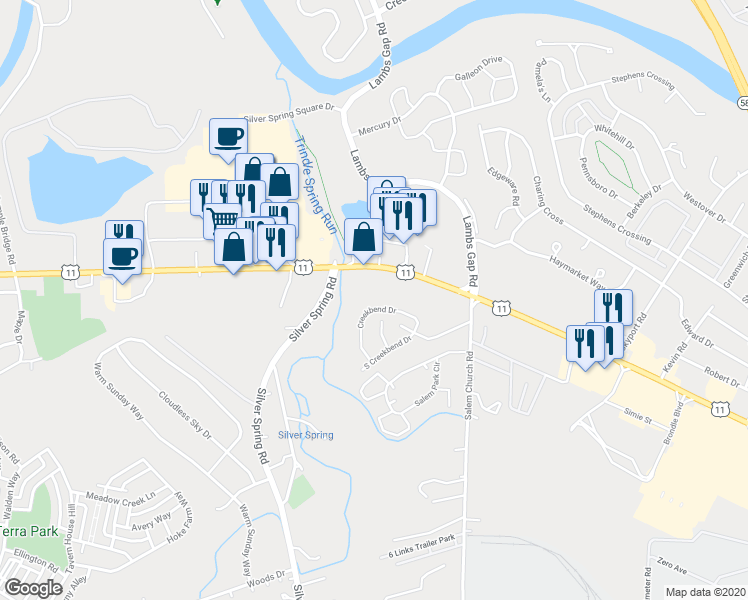map of restaurants, bars, coffee shops, grocery stores, and more near 6429 Creekbend Drive in Mechanicsburg