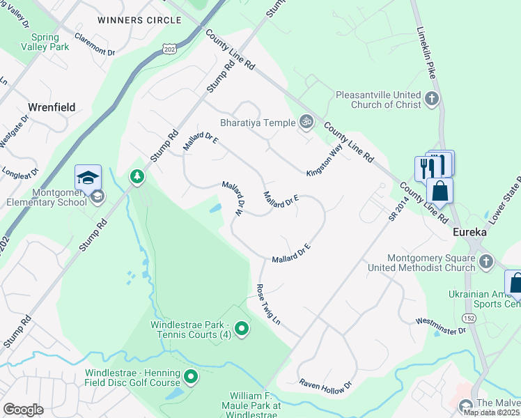 map of restaurants, bars, coffee shops, grocery stores, and more near 105 Darter Lane in North Wales