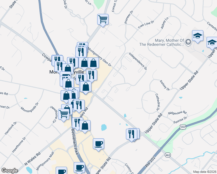 map of restaurants, bars, coffee shops, grocery stores, and more near 405 Hancock Court in North Wales