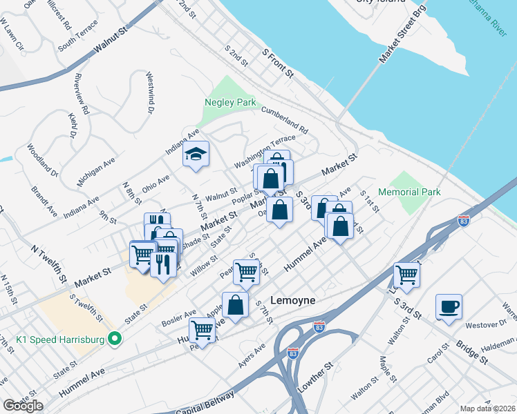 map of restaurants, bars, coffee shops, grocery stores, and more near 418 Oak Street in Lemoyne