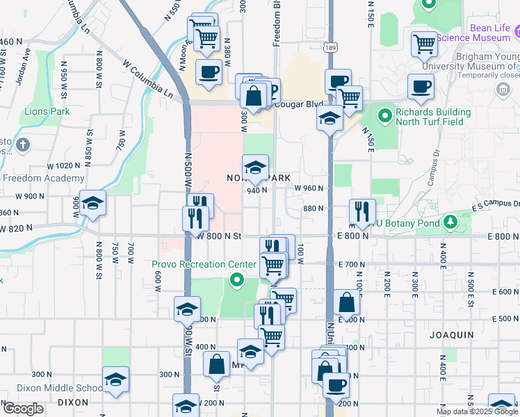 map of restaurants, bars, coffee shops, grocery stores, and more near 879 North 250 West Street in Provo