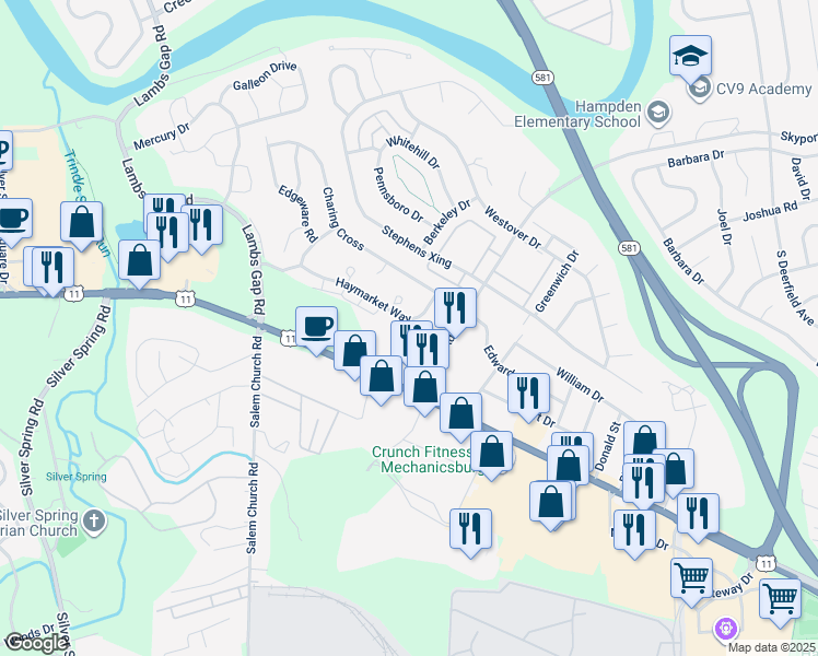 map of restaurants, bars, coffee shops, grocery stores, and more near 6115 Haymarket Way in Mechanicsburg