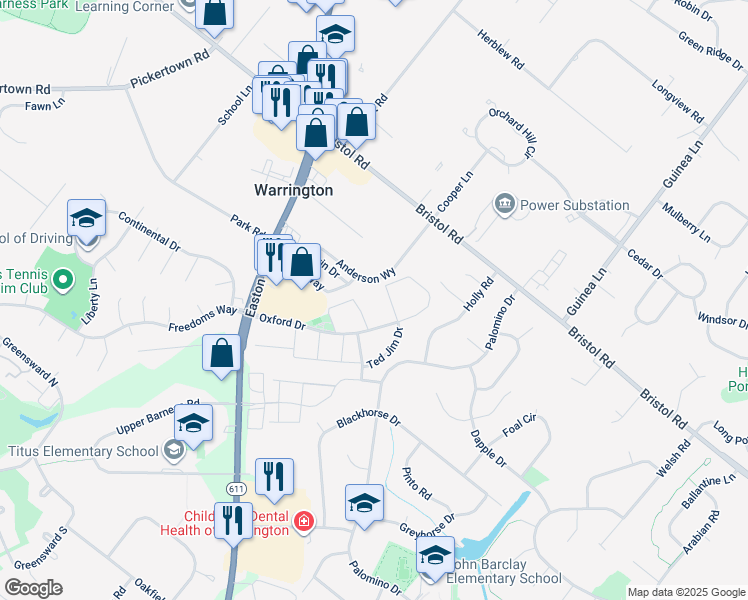 map of restaurants, bars, coffee shops, grocery stores, and more near 2262 Lisa Drive in Warrington