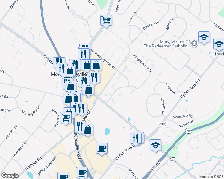 map of restaurants, bars, coffee shops, grocery stores, and more near 405 Hancock Court in North Wales