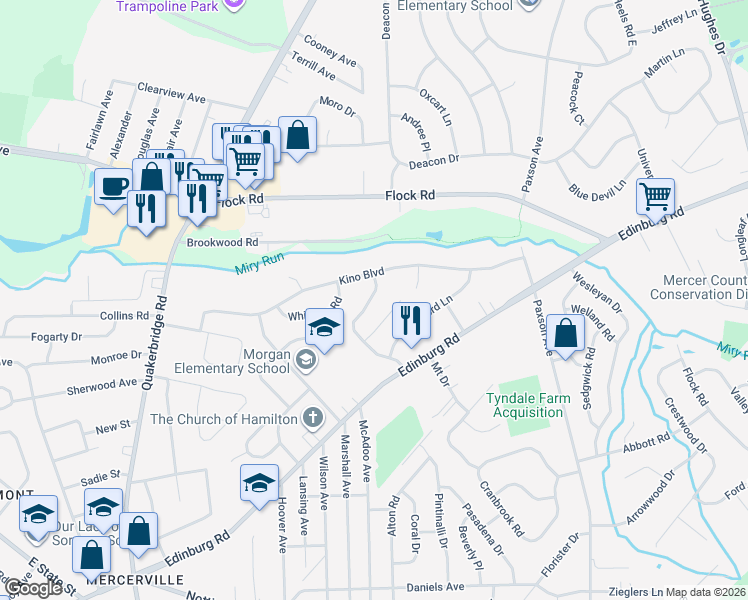 map of restaurants, bars, coffee shops, grocery stores, and more near 8 Hollyhock Way in Hamilton Township