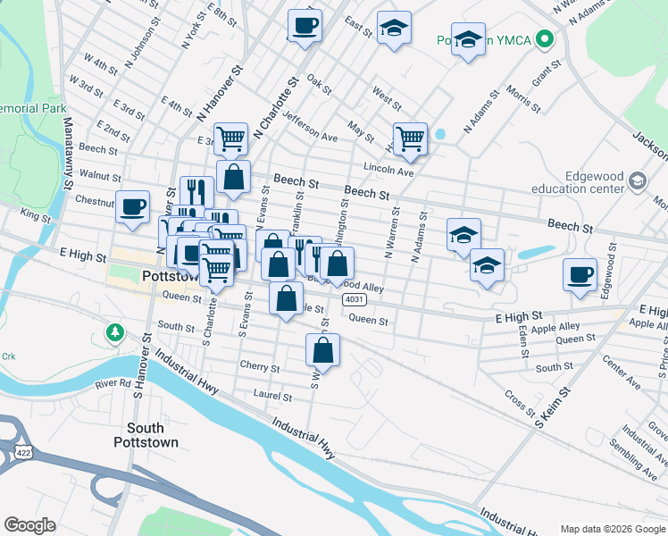 map of restaurants, bars, coffee shops, grocery stores, and more near 28 N Washington St in Pottstown