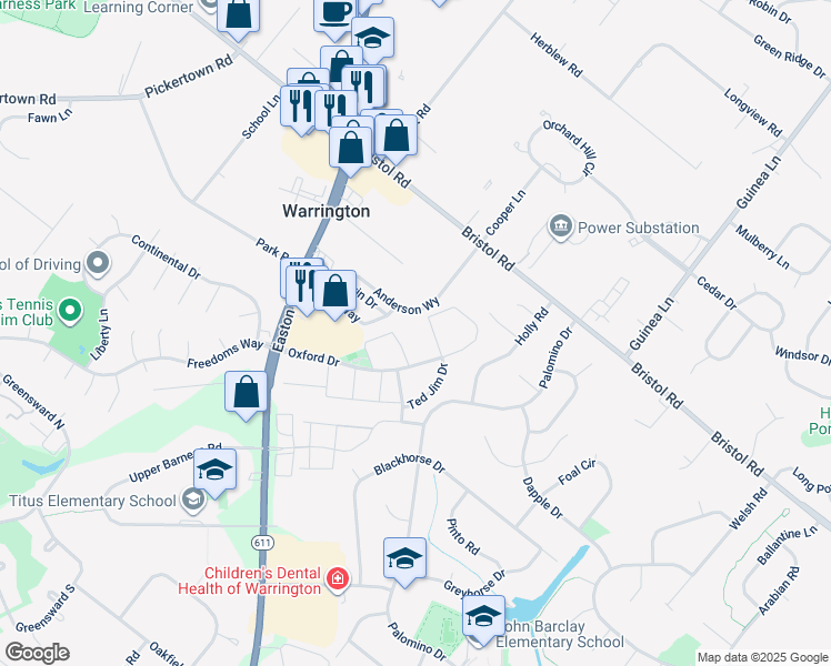 map of restaurants, bars, coffee shops, grocery stores, and more near 2262 Lisa Drive in Warrington