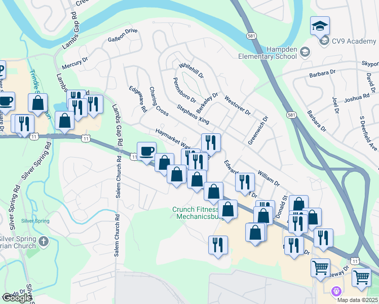 map of restaurants, bars, coffee shops, grocery stores, and more near 6115 Haymarket Way in Mechanicsburg