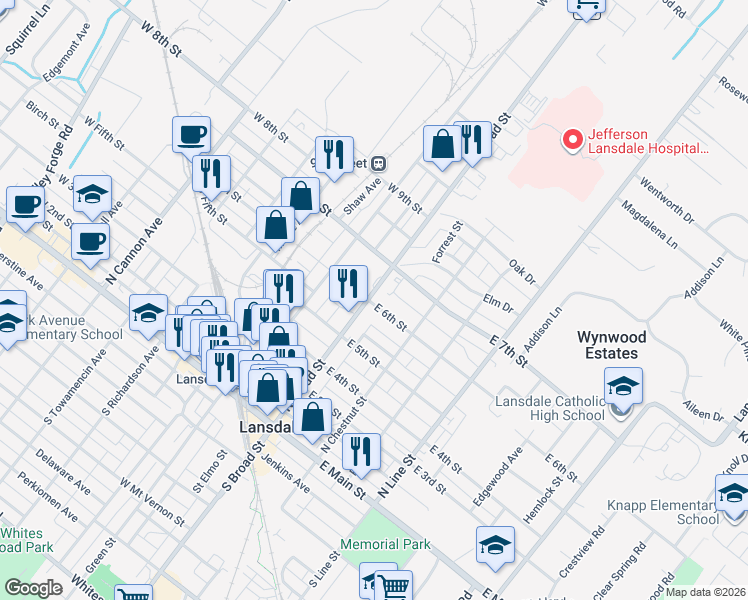 map of restaurants, bars, coffee shops, grocery stores, and more near 601 North Broad Street in Lansdale