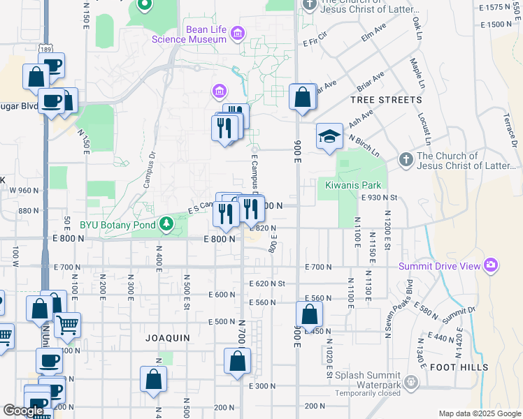 map of restaurants, bars, coffee shops, grocery stores, and more near 758 East 900 North Street in Provo