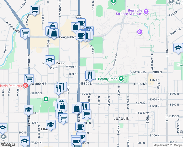 map of restaurants, bars, coffee shops, grocery stores, and more near 842 50 East in Provo