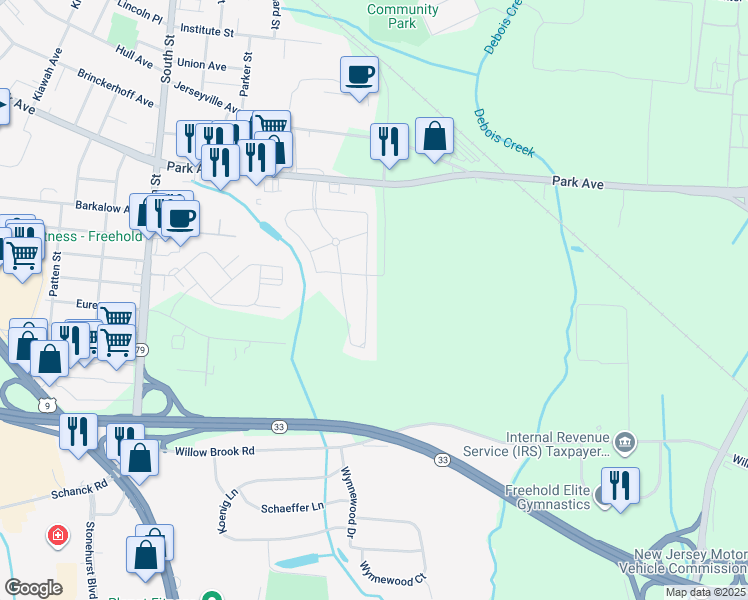 map of restaurants, bars, coffee shops, grocery stores, and more near 14 Stuart Drive in Freehold