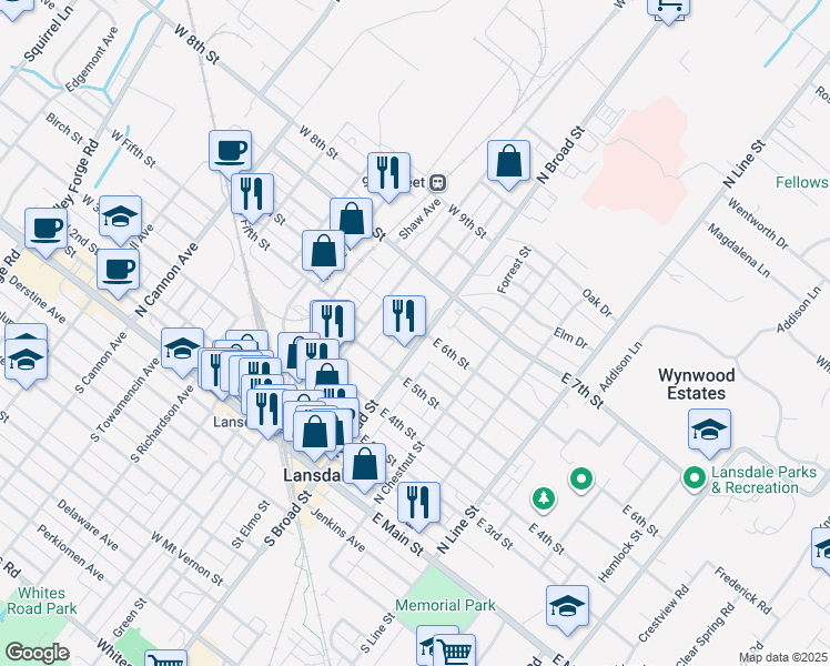 map of restaurants, bars, coffee shops, grocery stores, and more near 516 North Broad Street in Lansdale