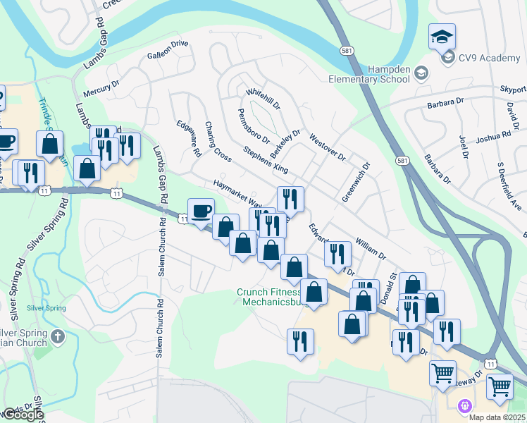 map of restaurants, bars, coffee shops, grocery stores, and more near 6111 Haymarket Way in Mechanicsburg