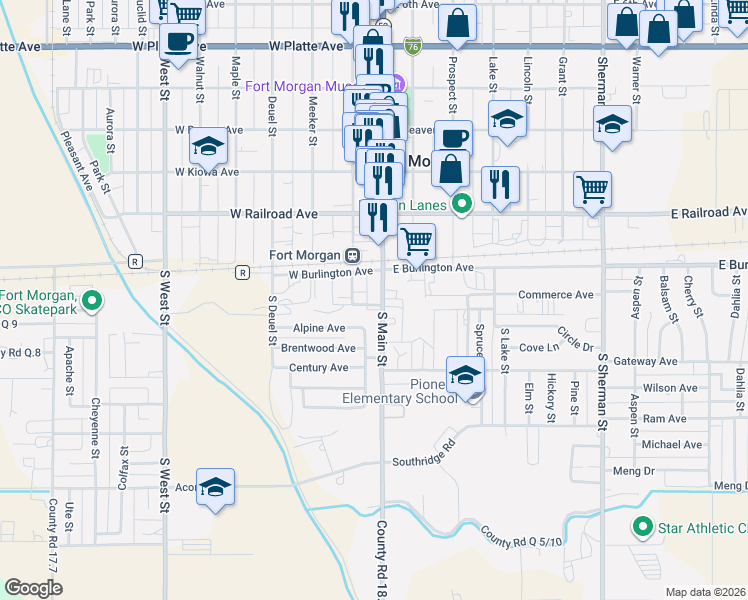 map of restaurants, bars, coffee shops, grocery stores, and more near 214 South Main Street in Fort Morgan