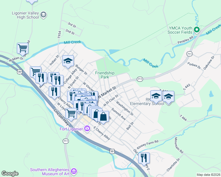 map of restaurants, bars, coffee shops, grocery stores, and more near 107 Deeds Street in Ligonier