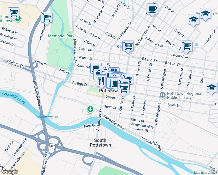 map of restaurants, bars, coffee shops, grocery stores, and more near 219 East High Street in Pottstown