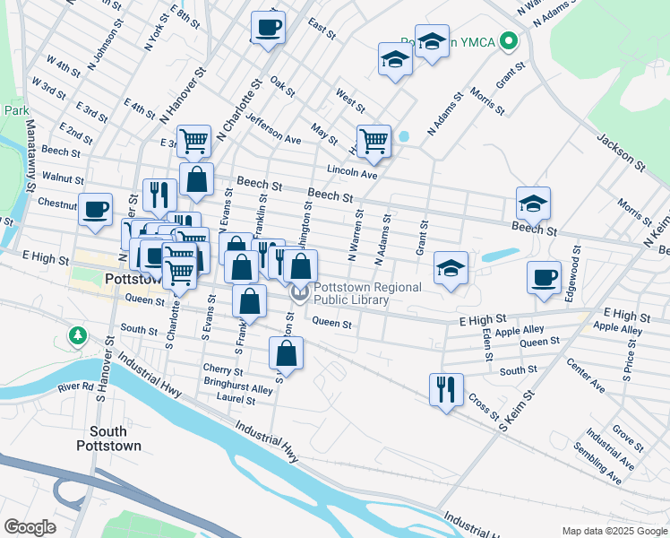 map of restaurants, bars, coffee shops, grocery stores, and more near 547 King Street in Pottstown