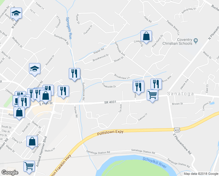 map of restaurants, bars, coffee shops, grocery stores, and more near 220 Creekside Drive in Pottstown