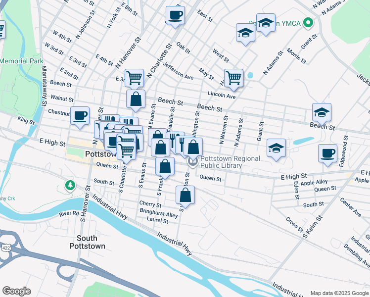 map of restaurants, bars, coffee shops, grocery stores, and more near 442 King St in Pottstown