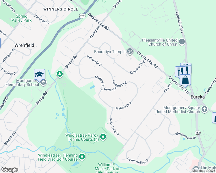 map of restaurants, bars, coffee shops, grocery stores, and more near 102 Darter Lane in North Wales