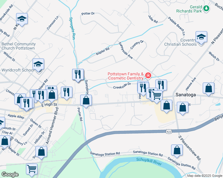 map of restaurants, bars, coffee shops, grocery stores, and more near 214 Creekside Drive in Pottstown