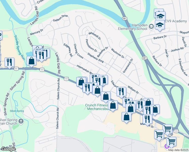 map of restaurants, bars, coffee shops, grocery stores, and more near 6111 Haymarket Way in Mechanicsburg