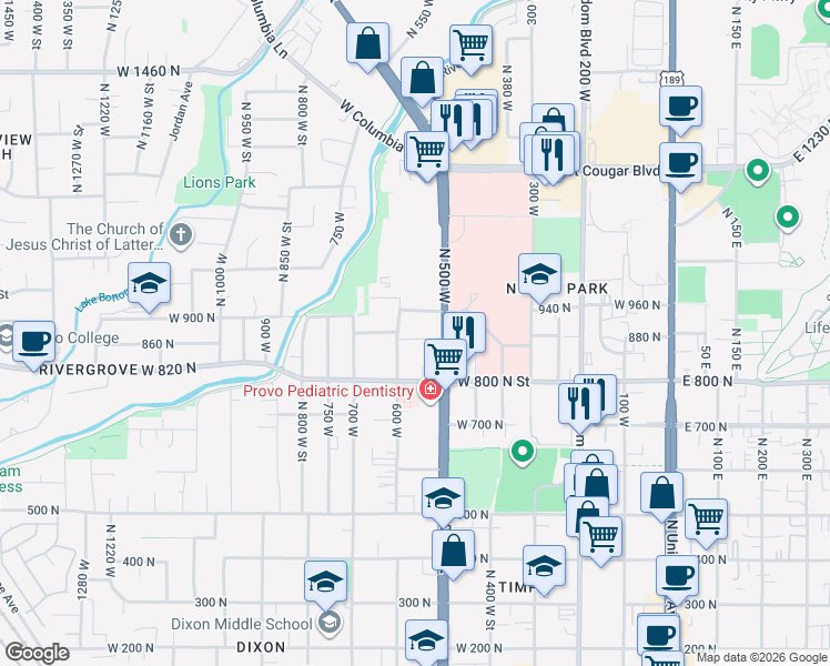 map of restaurants, bars, coffee shops, grocery stores, and more near 888 North 600 West in Provo