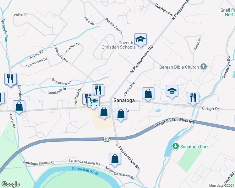 map of restaurants, bars, coffee shops, grocery stores, and more near 190 North Pleasantview Road in Pottstown