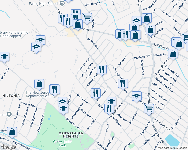 map of restaurants, bars, coffee shops, grocery stores, and more near 359 Concord Avenue in Ewing Township