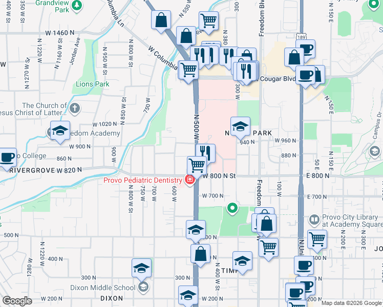 map of restaurants, bars, coffee shops, grocery stores, and more near 940 North 500 West in Provo